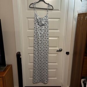 Blue Floral Tie-Shoulder Maxi Dress in White